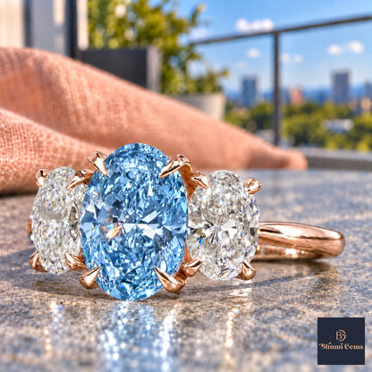 Blue Oval Cut Lab Grown Diamond Engagement Ring - Oval Three Stone in rose gold, close-up