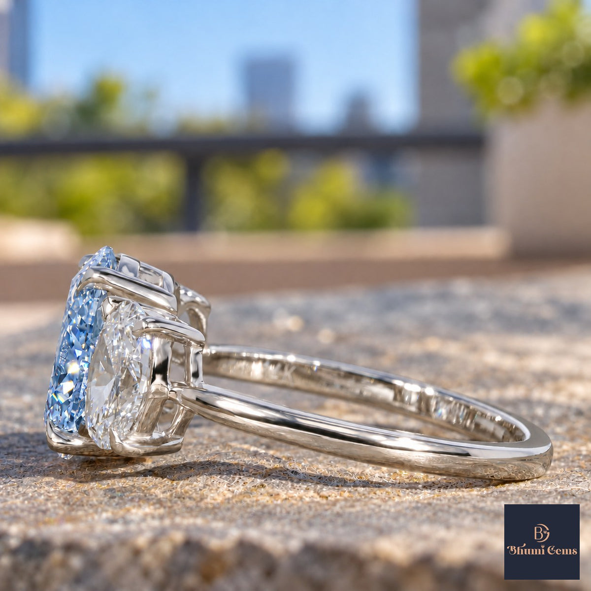 Blue Oval Cut Lab Grown Diamond Engagement Ring - Oval Three Stone in white gold, side view
