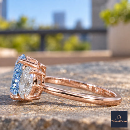 Blue Oval Cut Lab Grown Diamond Engagement Ring - Oval Three Stone in rose gold, side view