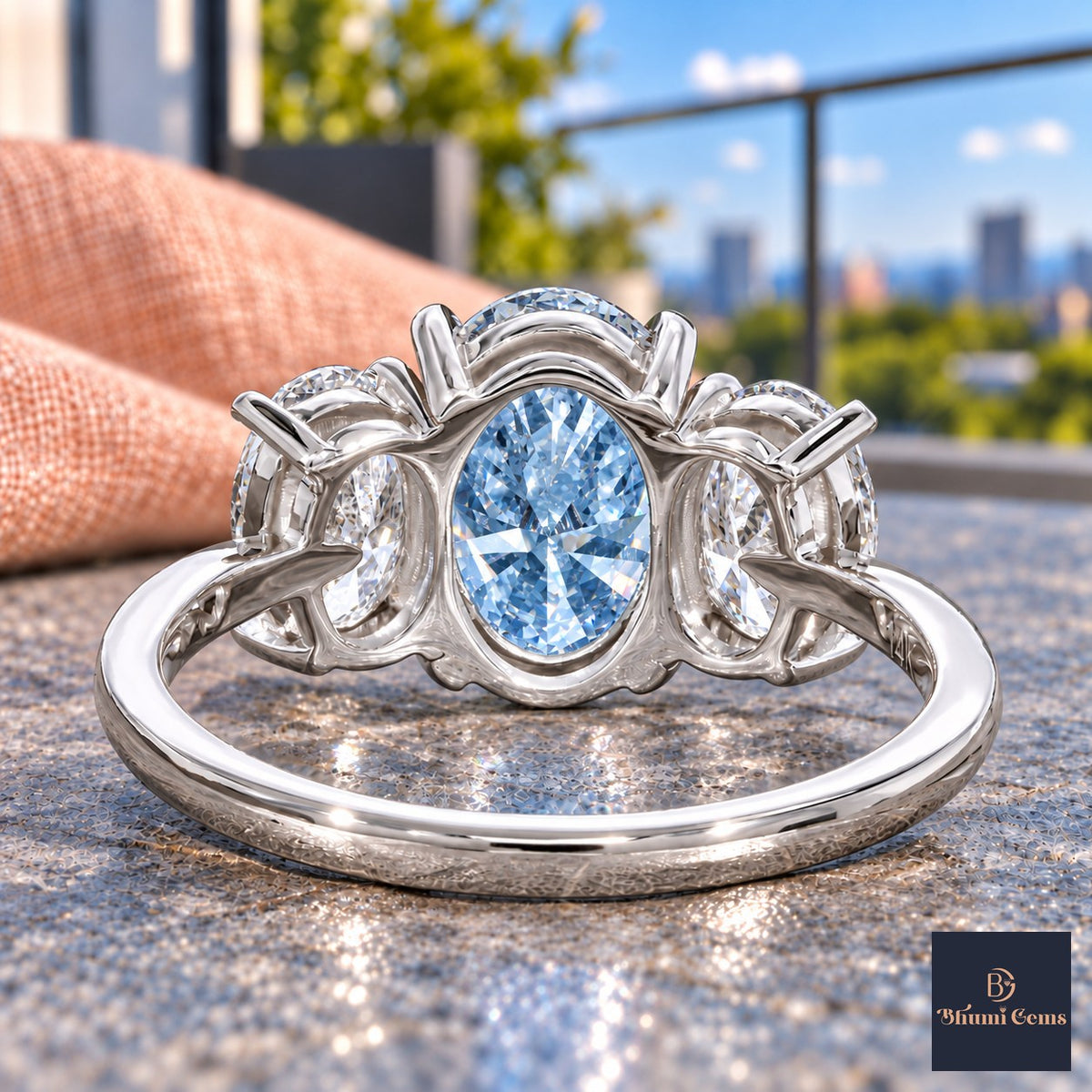 Blue Oval Cut Lab Grown Diamond Engagement Ring - Oval Three Stone in white gold, gallery view