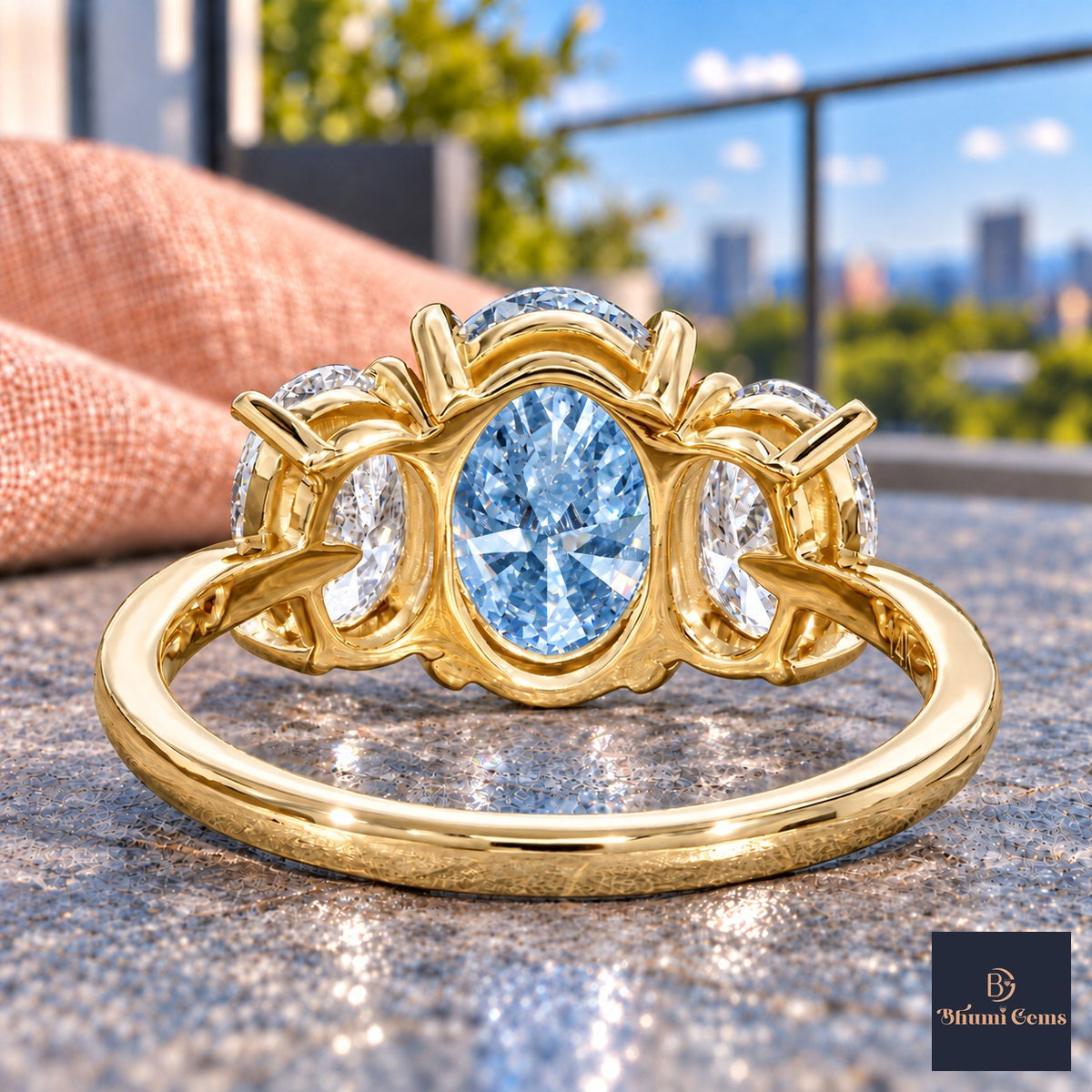 Blue Oval Cut Lab Grown Diamond Engagement Ring - Oval Three Stone in yellow gold, gallery view