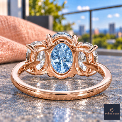 Blue Oval Cut Lab Grown Diamond Engagement Ring - Oval Three Stone in rose gold, gallery view