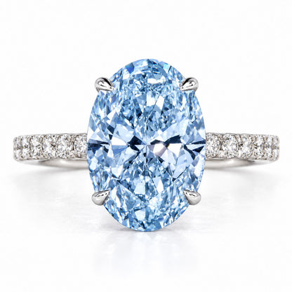Blue Oval Cut Lab Grown Diamond Engagement Ring - Pave Band in white gold, front view