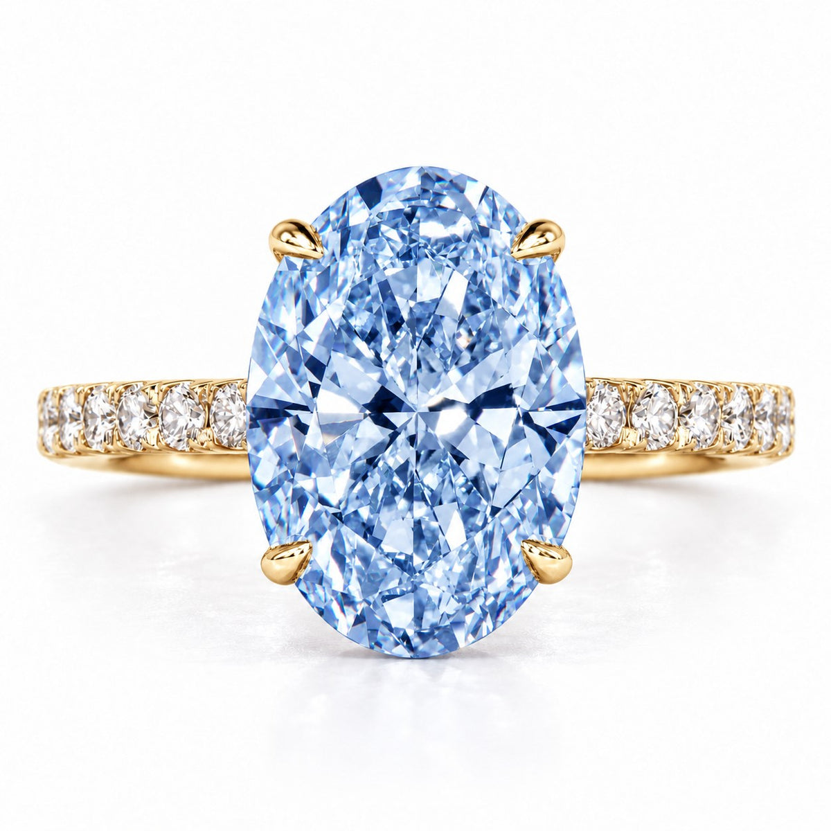 Blue Oval Cut Lab Grown Diamond Engagement Ring - Pave Band in yellow gold, front view