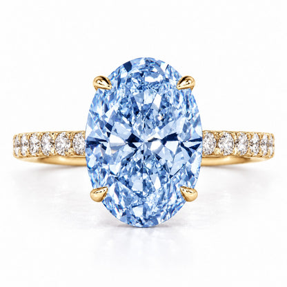 Blue Oval Cut Lab Grown Diamond Engagement Ring - Pave Band in yellow gold, front view