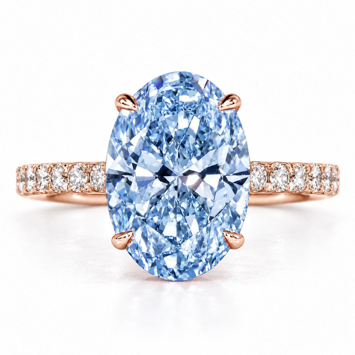Blue Oval Cut Lab Grown Diamond Engagement Ring - Pave Band in rose gold, front view