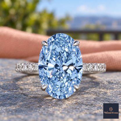 Blue Oval Cut Lab Grown Diamond Engagement Ring - Pave Band in white gold, close-up