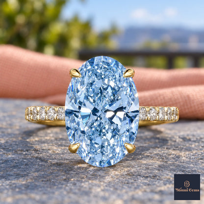Blue Oval Cut Lab Grown Diamond Engagement Ring - Pave Band in yellow gold, close-up