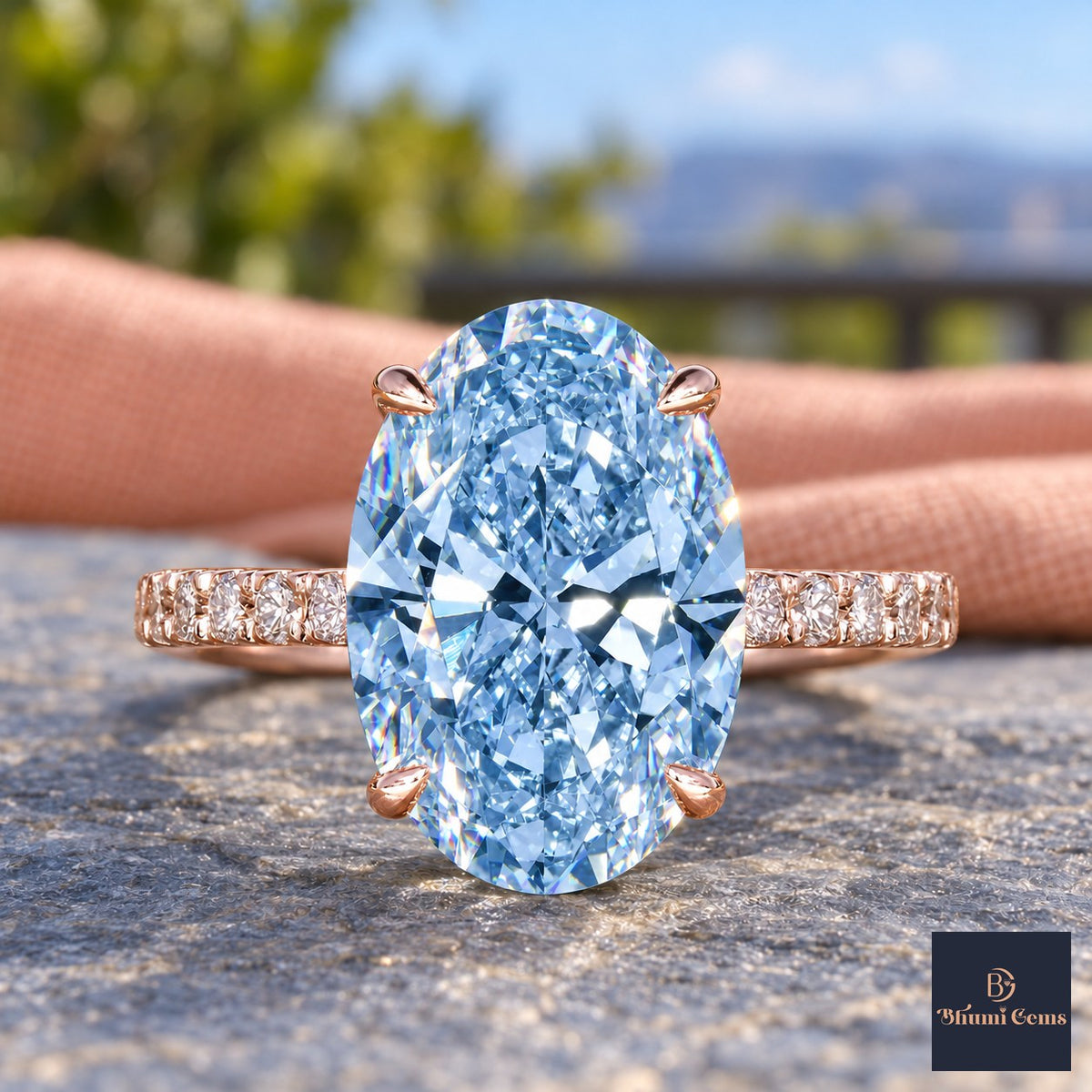 Blue Oval Cut Lab Grown Diamond Engagement Ring - Pave Band in rose gold, close-up