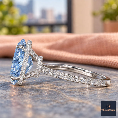 Blue Oval Cut Lab Grown Diamond Engagement Ring - Pave Band in white gold, side view