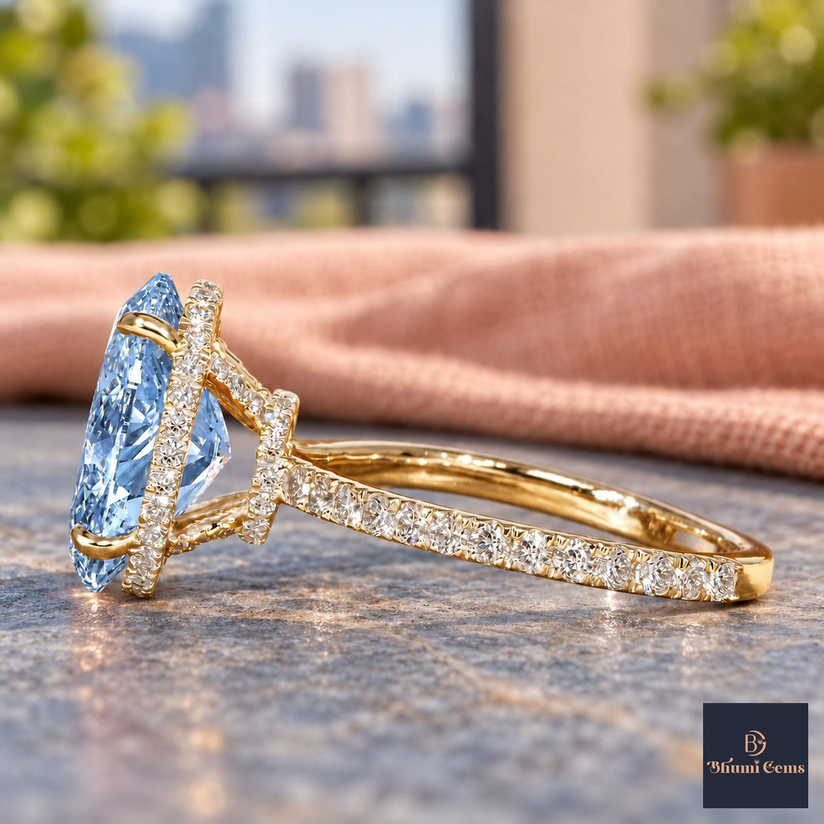 Blue Oval Cut Lab Grown Diamond Engagement Ring - Pave Band in yellow gold, side view