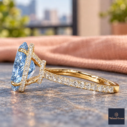Blue Oval Cut Lab Grown Diamond Engagement Ring - Pave Band in yellow gold, side view