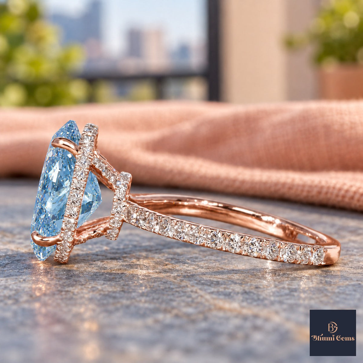 Blue Oval Cut Lab Grown Diamond Engagement Ring - Pave Band in rose gold, side view