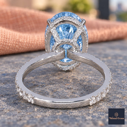 Blue Oval Cut Lab Grown Diamond Engagement Ring - Pave Band in white gold, gallery view