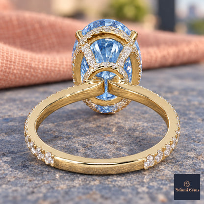 Blue Oval Cut Lab Grown Diamond Engagement Ring - Pave Band in yellow gold, gallery view