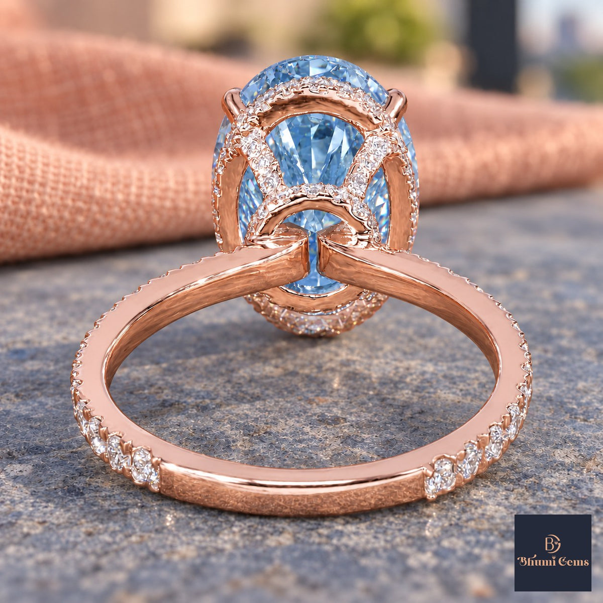 Blue Oval Cut Lab Grown Diamond Engagement Ring - Pave Band in rose gold, gallery view