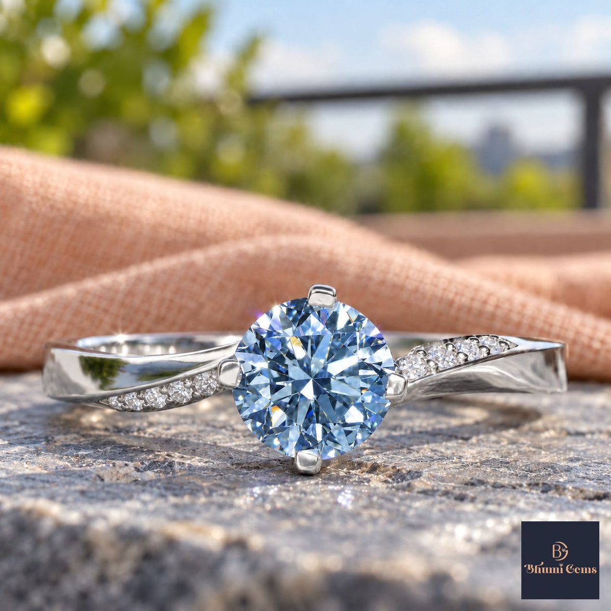 Blue Oval Cut Lab Grown Diamond Engagement Ring - Pave Twist Bypass in white gold, close-up