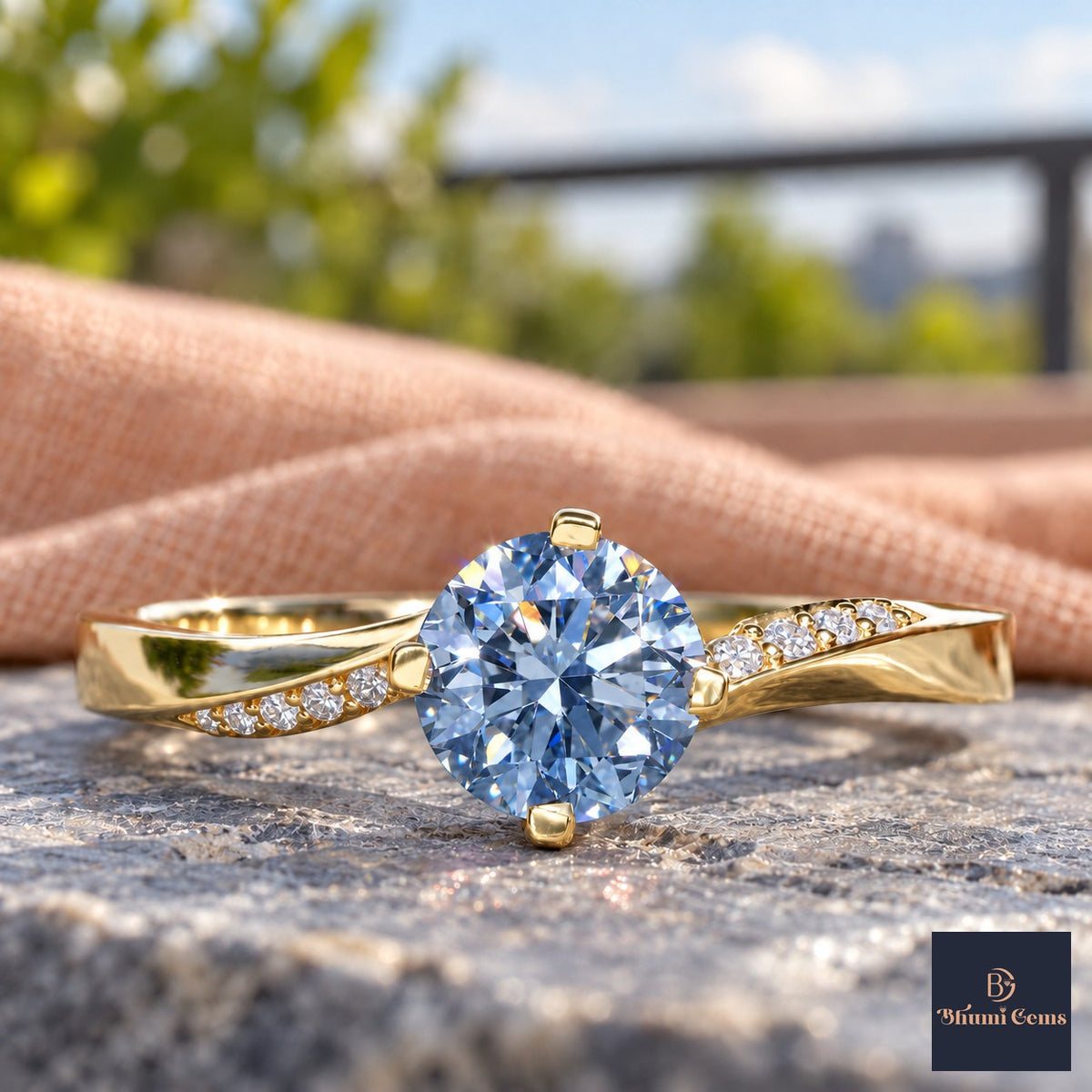 Blue Oval Cut Lab Grown Diamond Engagement Ring - Pave Twist Bypass in yellow gold, close-up