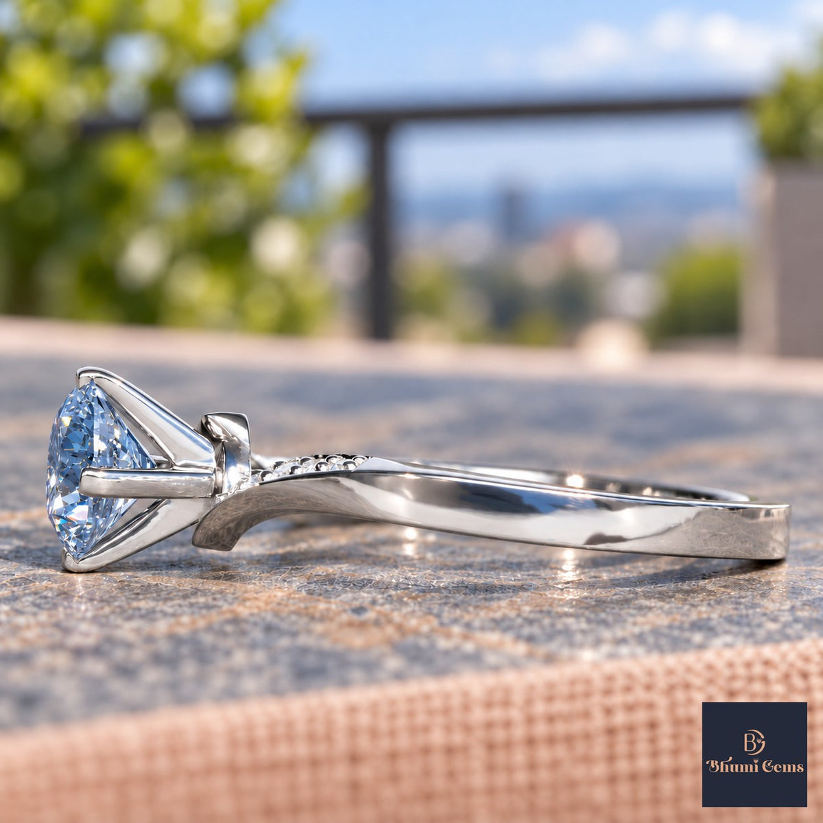 Blue Oval Cut Lab Grown Diamond Engagement Ring - Pave Twist Bypass in white gold, side view