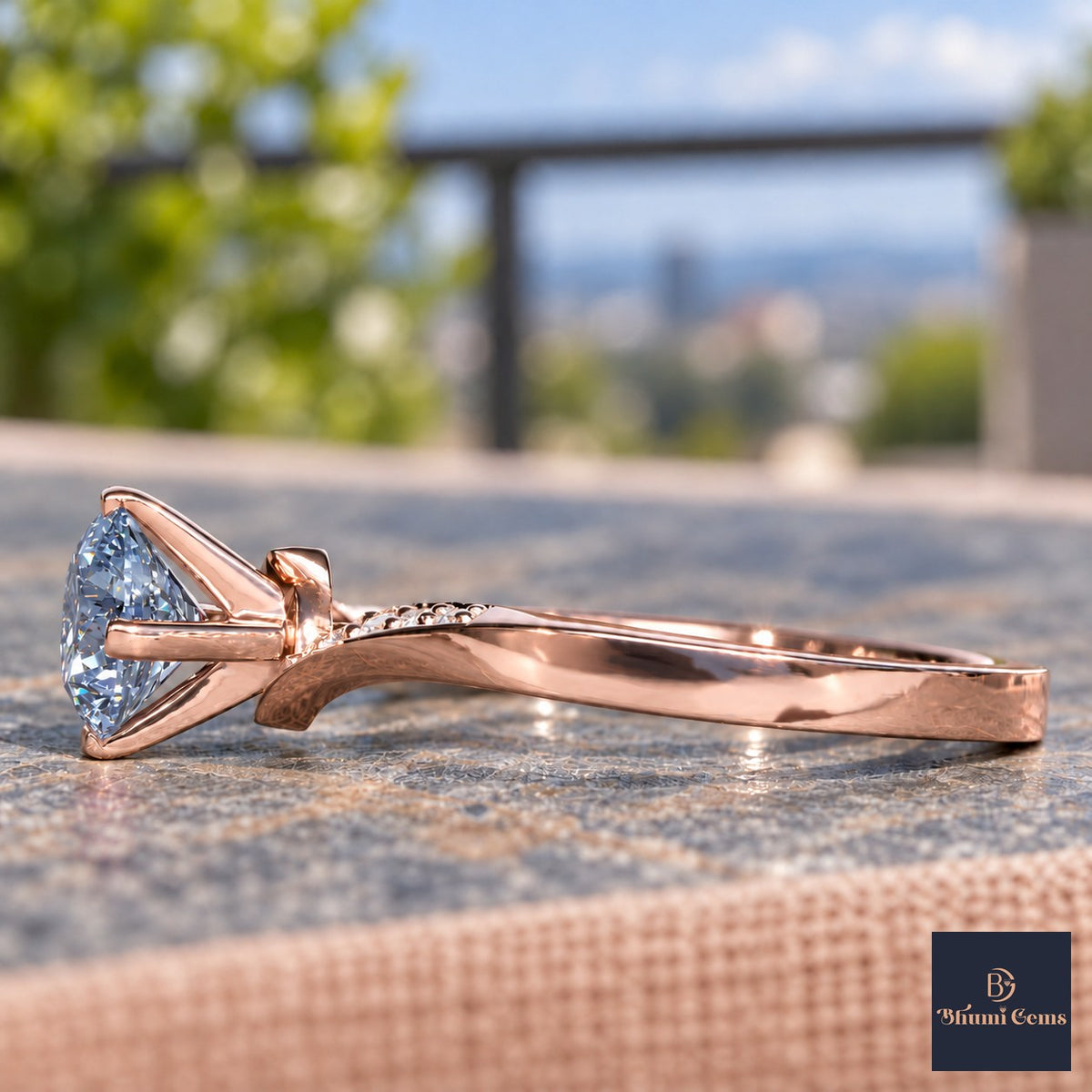 Blue Oval Cut Lab Grown Diamond Engagement Ring - Pave Twist Bypass in rose gold, side view