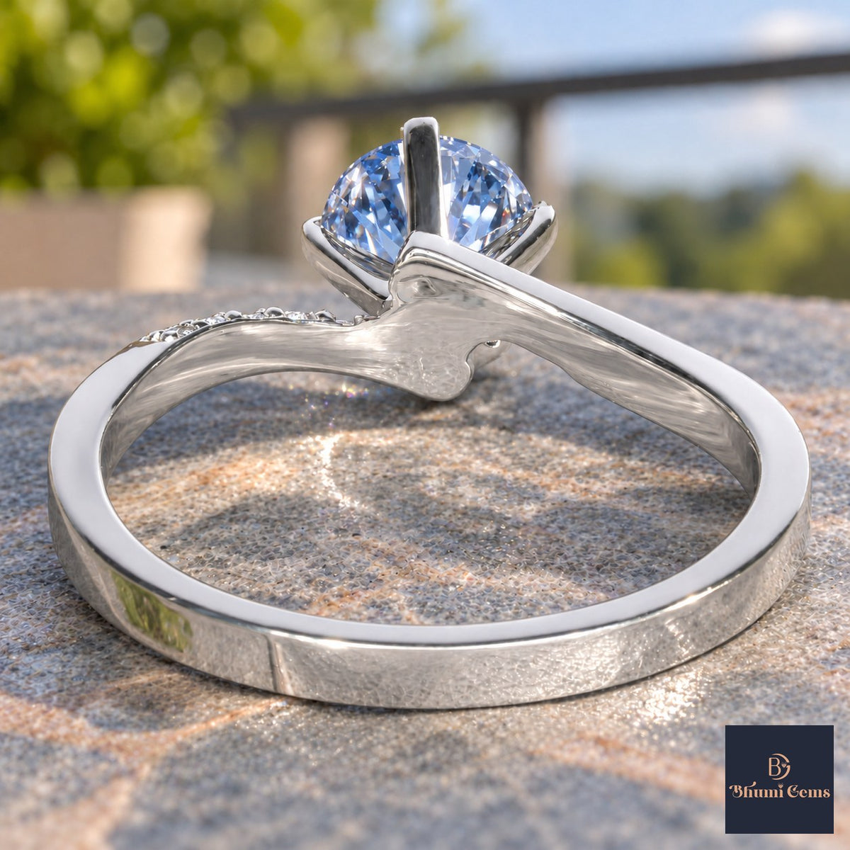 Blue Oval Cut Lab Grown Diamond Engagement Ring - Pave Twist Bypass in white gold, gallery view
