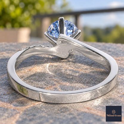 Blue Oval Cut Lab Grown Diamond Engagement Ring - Pave Twist Bypass in white gold, gallery view