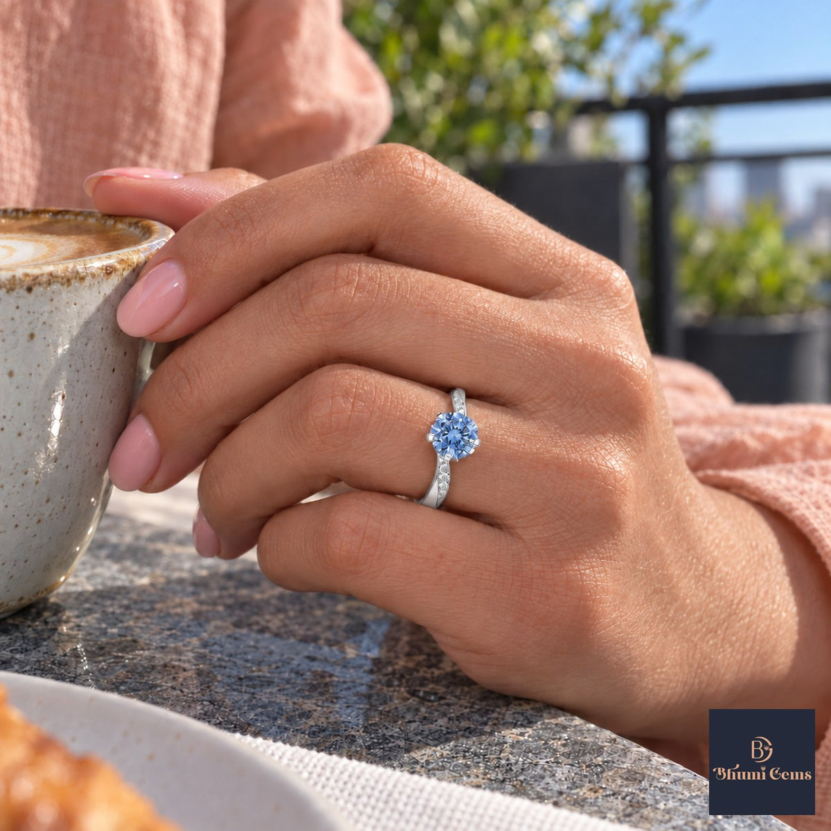 Blue Oval Cut Lab Grown Diamond Engagement Ring - Pave Twist Bypass in white gold, on the hand