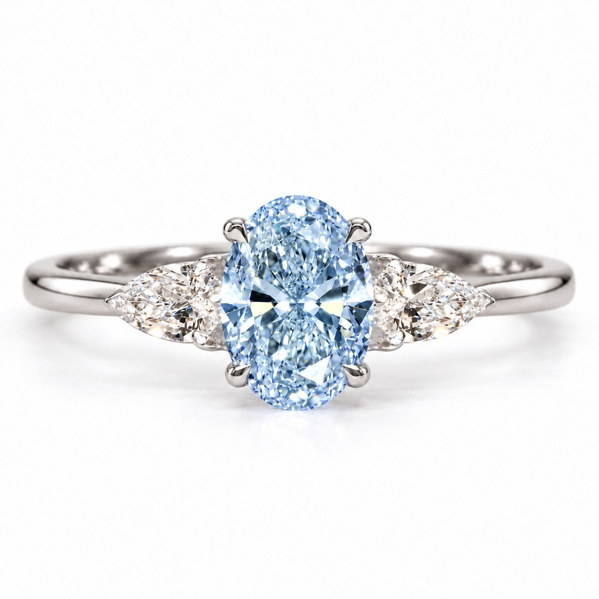 Blue Oval Cut Lab Grown Diamond Engagement Ring - Pear Side Stones in white gold, front view
