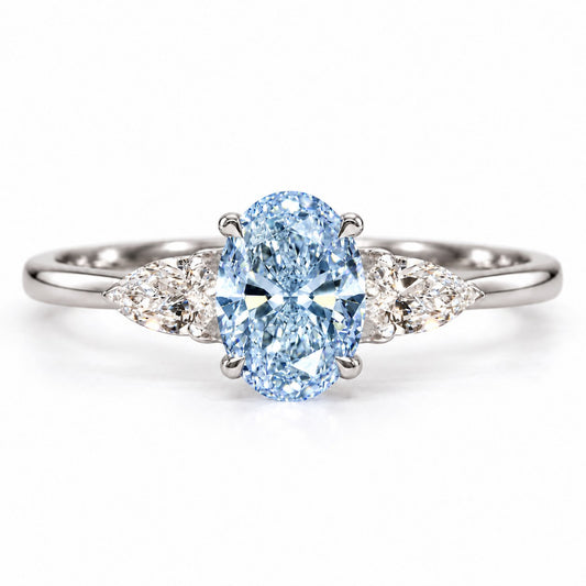 Blue Oval Cut Lab Grown Diamond Engagement Ring - Pear Side Stones in white gold, front view