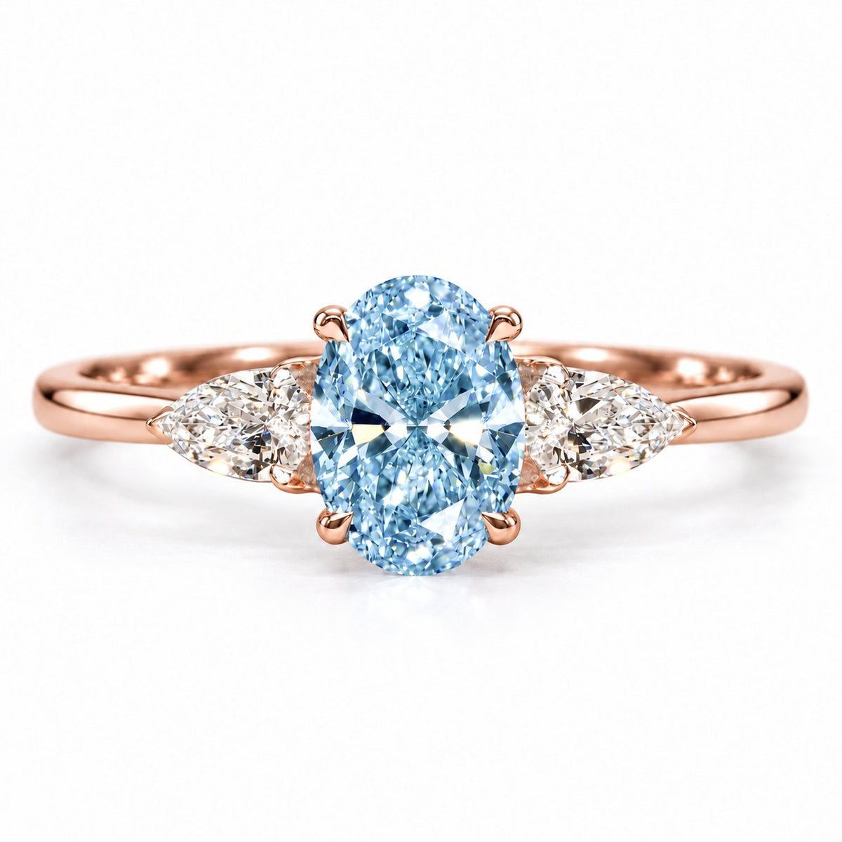 Blue Oval Cut Lab Grown Diamond Engagement Ring - Pear Side Stones in rose gold, front view