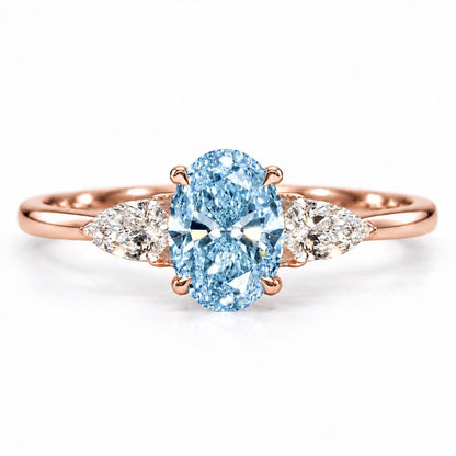 Blue Oval Cut Lab Grown Diamond Engagement Ring - Pear Side Stones in rose gold, front view