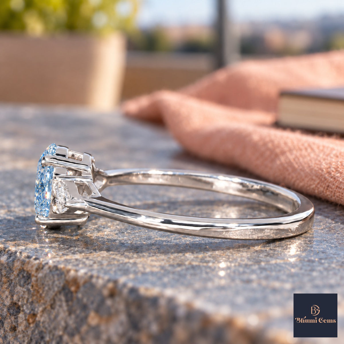 Blue Oval Cut Lab Grown Diamond Engagement Ring - Pear Side Stones in white gold, side view