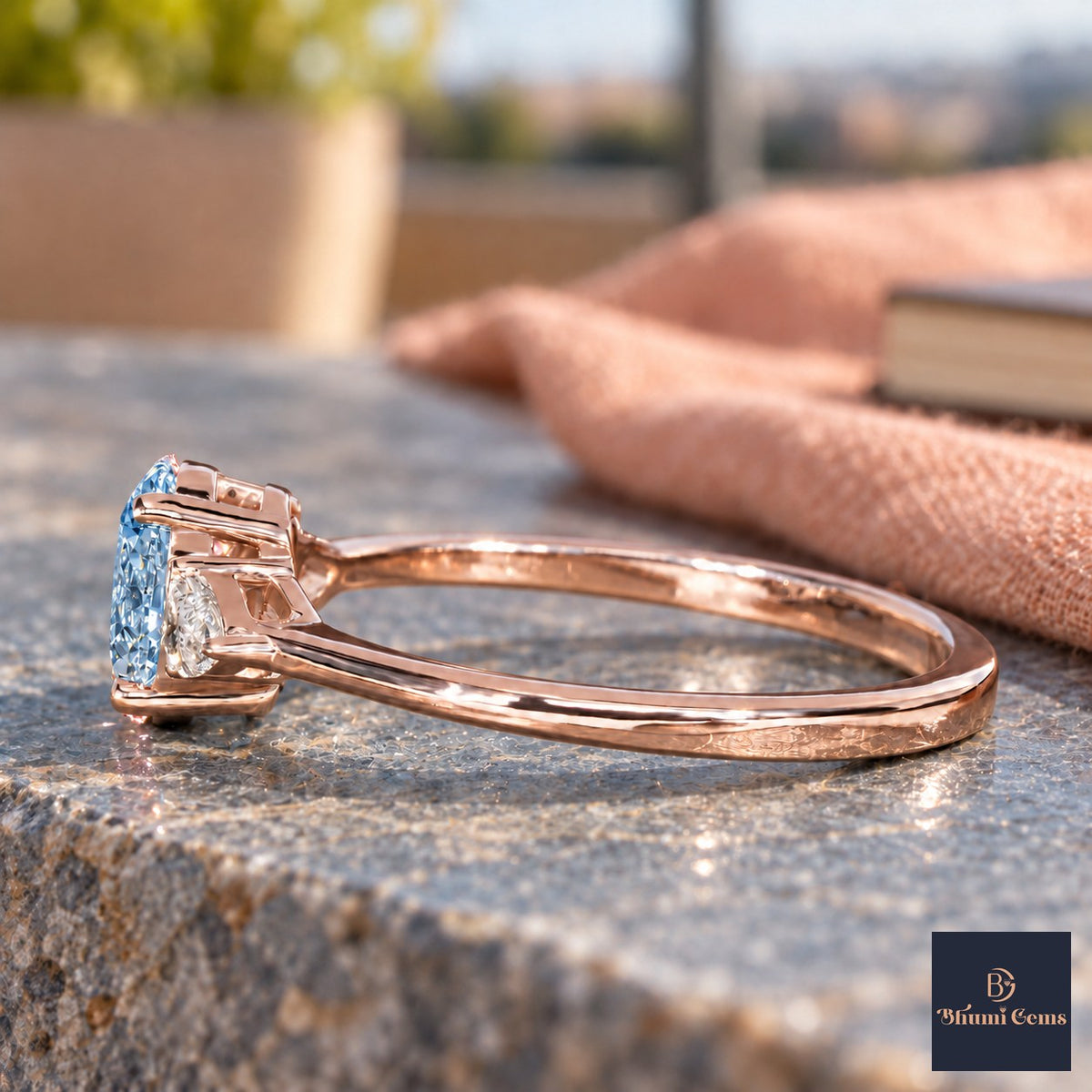Blue Oval Cut Lab Grown Diamond Engagement Ring - Pear Side Stones in rose gold, side view