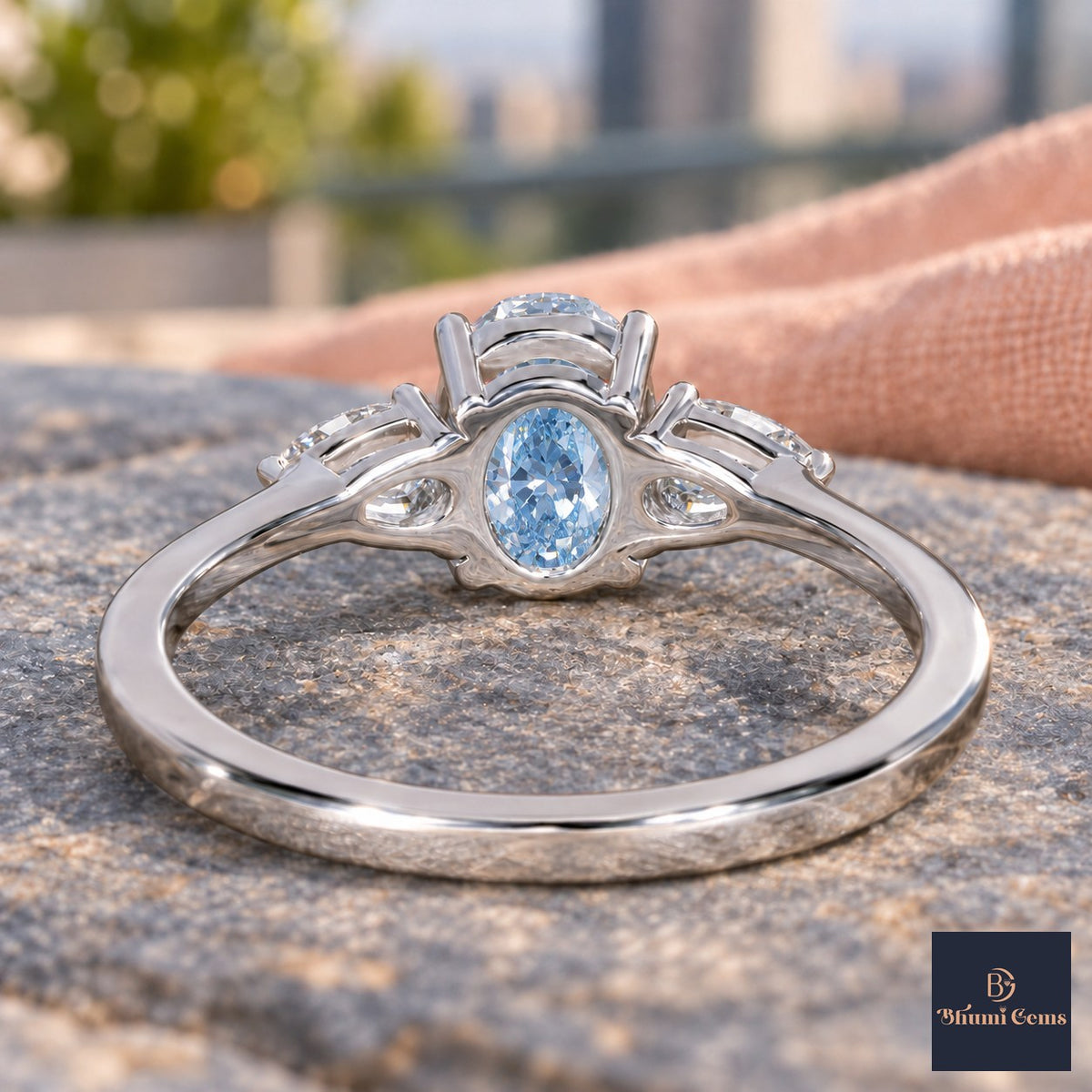Blue Oval Cut Lab Grown Diamond Engagement Ring - Pear Side Stones in white gold, gallery view
