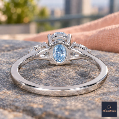 Blue Oval Cut Lab Grown Diamond Engagement Ring - Pear Side Stones in white gold, gallery view