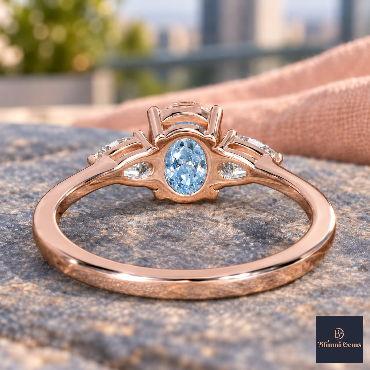 Blue Oval Cut Lab Grown Diamond Engagement Ring - Pear Side Stones in rose gold, gallery view