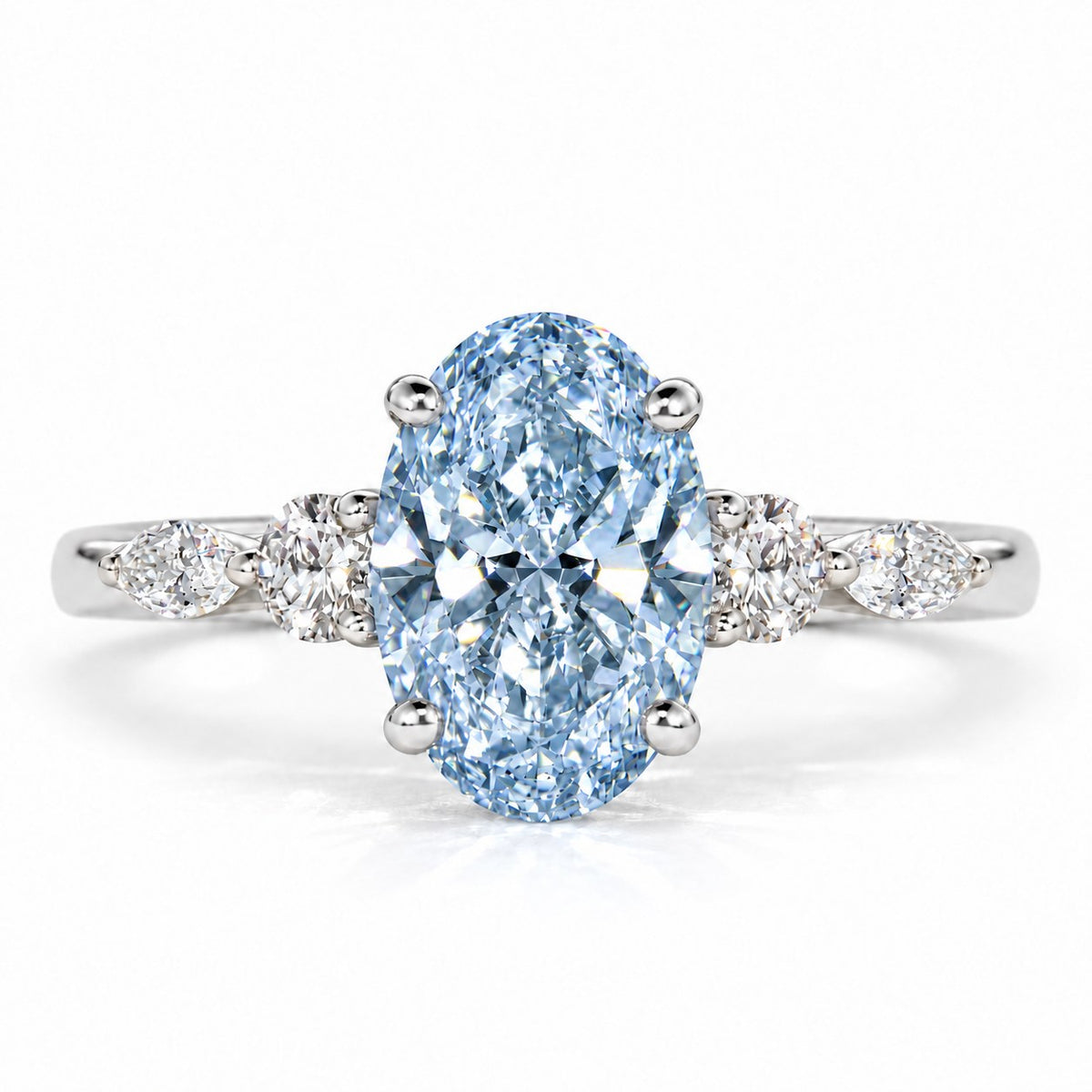 Blue Oval Cut Lab Grown Diamond Engagement Ring - Round and Marquise Accents in white gold, front view