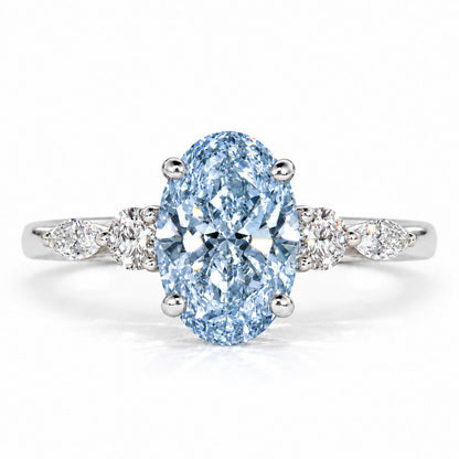 Blue Oval Cut Lab Grown Diamond Engagement Ring - Round and Marquise Accents in white gold, front view