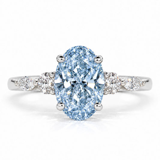 Blue Oval Cut Lab Grown Diamond Engagement Ring - Round and Marquise Accents in white gold, front view