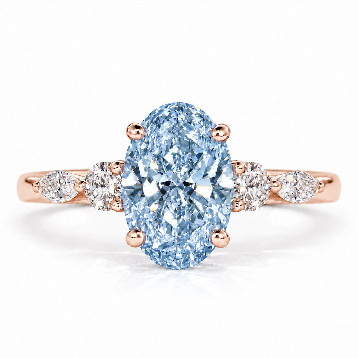 Blue Oval Cut Lab Grown Diamond Engagement Ring - Round and Marquise Accents in rose gold, front view