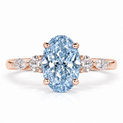 Blue Oval Cut Lab Grown Diamond Engagement Ring - Round and Marquise Accents in rose gold, front view