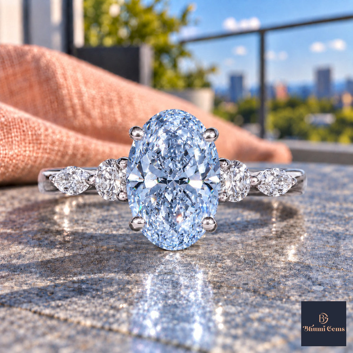 Blue Oval Cut Lab Grown Diamond Engagement Ring - Round and Marquise Accents in white gold, close-up