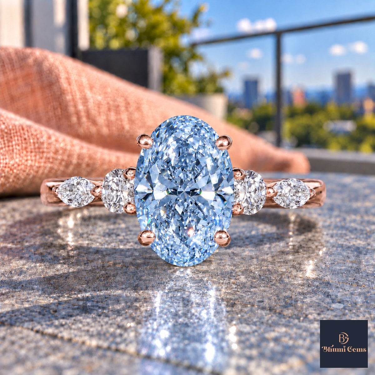 Blue Oval Cut Lab Grown Diamond Engagement Ring - Round and Marquise Accents in rose gold, close-up