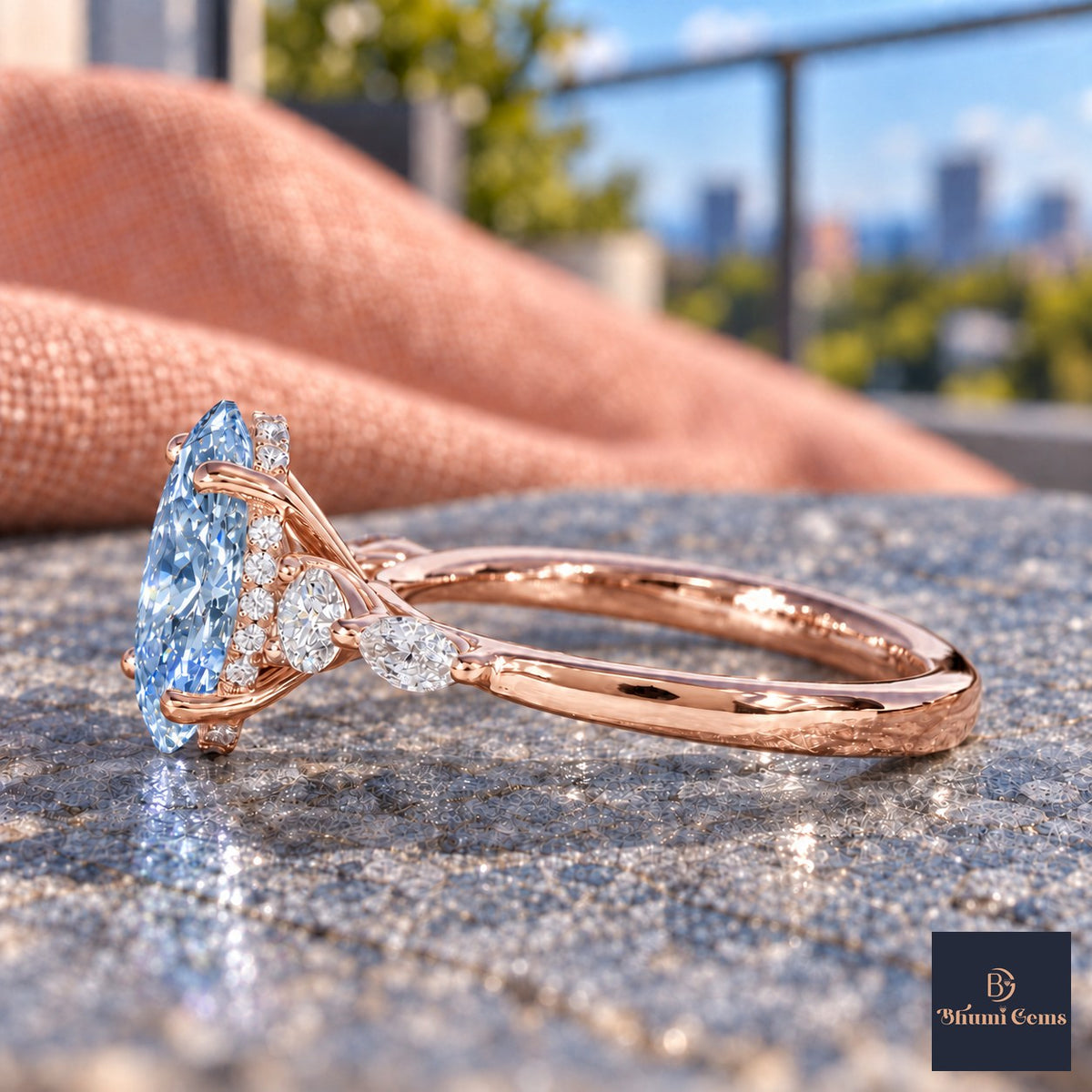 Blue Oval Cut Lab Grown Diamond Engagement Ring - Round and Marquise Accents in rose gold, side view