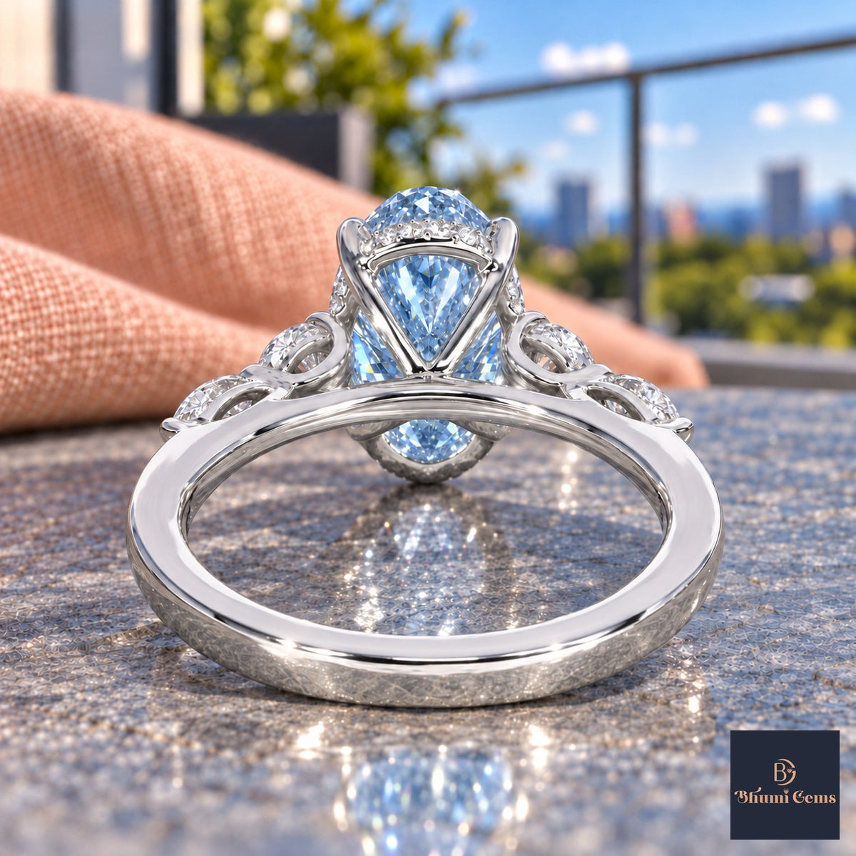 Blue Oval Cut Lab Grown Diamond Engagement Ring - Round and Marquise Accents in white gold, gallery view