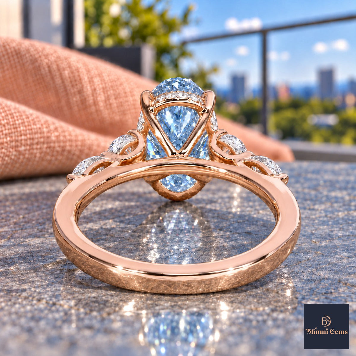 Blue Oval Cut Lab Grown Diamond Engagement Ring - Round and Marquise Accents in rose gold, gallery view
