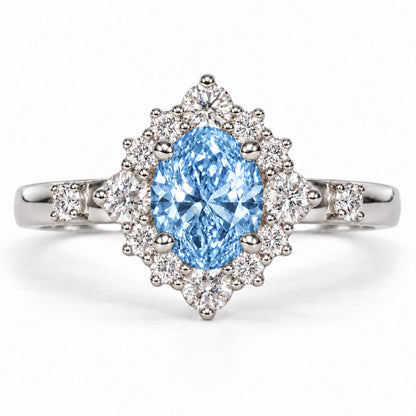 Blue Oval Cut Lab Grown Diamond Engagement Ring - Scalloped Halo in white gold, front view