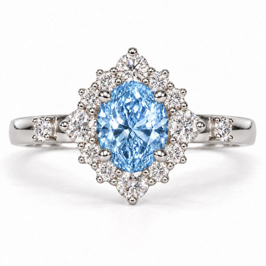 Blue Oval Cut Lab Grown Diamond Engagement Ring - Scalloped Halo in white gold, front view