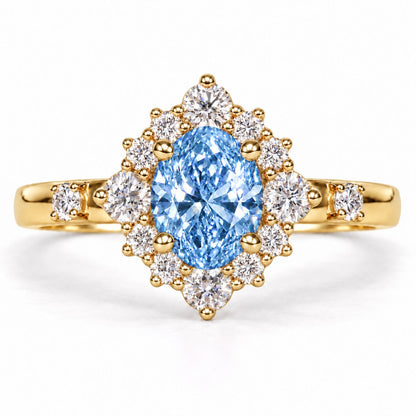 Blue Oval Cut Lab Grown Diamond Engagement Ring - Scalloped Halo in yellow gold, front view