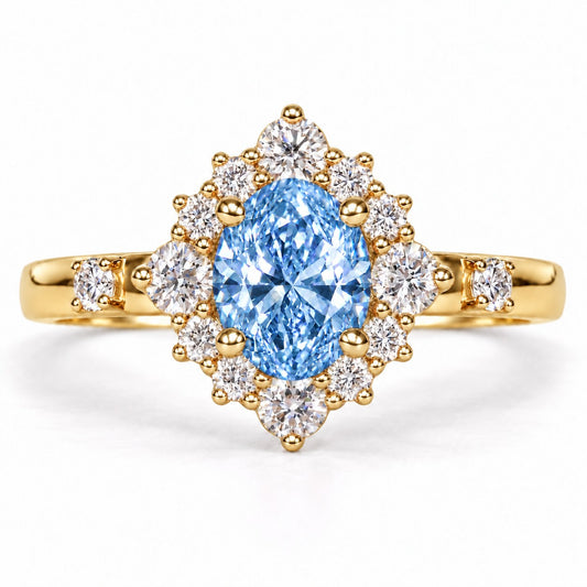 Blue Oval Cut Lab Grown Diamond Engagement Ring - Scalloped Halo in yellow gold, front view